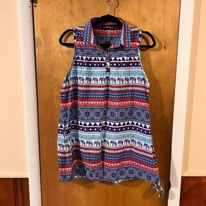 Liza Byrd Blue & Red Geometric Print Collared Sleeveless Tunic Top Medium